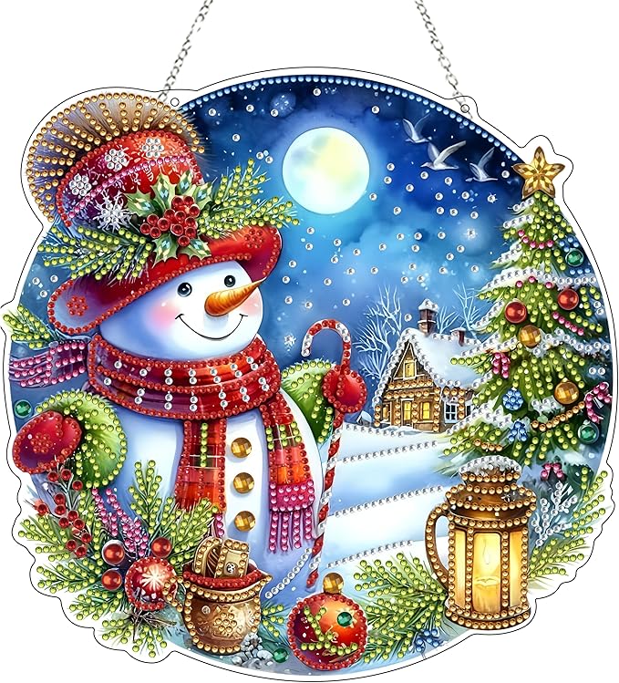 DIY Acrylic Diamond Art Painting Wreath Kits Special Shaped Rhinestone 5D Diamond Art Window Pendants Home Garden Wall Hanging Kits Hanging Ornament (Christmas Snowman-2)