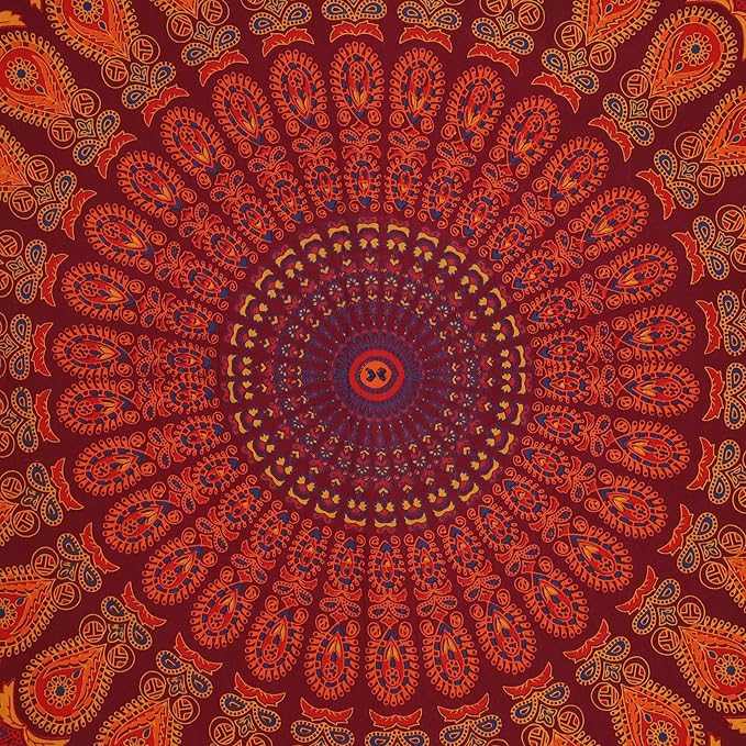 bless international handmade indian hippie bohemian psychedelic peacock mandala wall hanging college dorm beach throws table cloth bedding tapestry (golden brown maroon,