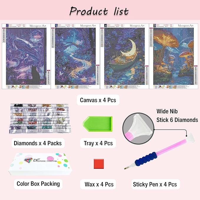 Muzagroo Art Magic Dream World Diamond Art Kits for Adults, 5D Diamond Paintings Kits for Beginners Hand Crafts, DIY Gem Art Kits Diamond Dot Kits Diamond Art Paintings 12x16inches 4PCS (Dream World)
