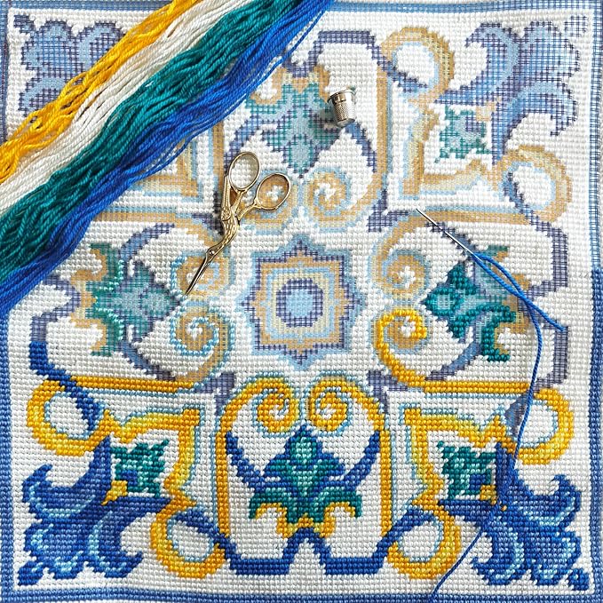 Brvsk Ornamental Embroidery Kit for Adults and Beginners — Porto 16″ × 16″ with Clear, Precise Printed Design on Cotton Canvas; Includes 2 Needles, Yarn, and Easy-Read Chart