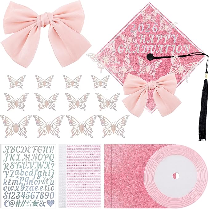 DIY Graduation Cap Decorations, 21 Pcs Pink DIY Graduation Cap Topper Kit with Glitter Paper, 3D Butterfly, Rhinestones Pearls Alphabet Stickers, Ribbon and Bow for 2026 Graduate Decor Gifts