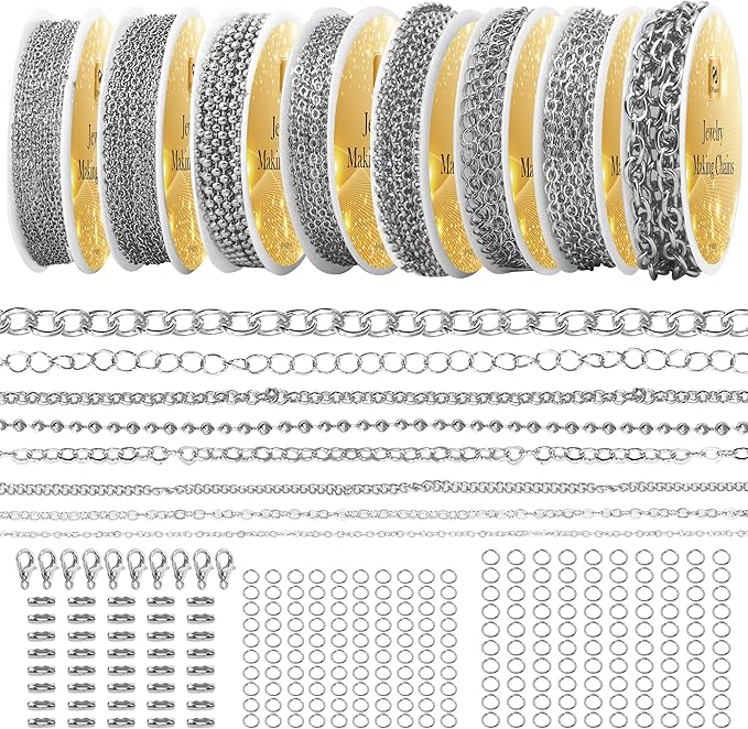 PP OPOUNT Silver Necklace Chains for Jewelry Making, 62.3 Feet 8 Rolls Stainless Steel Chain for Jewelry Making DIY Necklace Bracelet Belt Earrings with Open Jump Rings & Lobster Clasps
