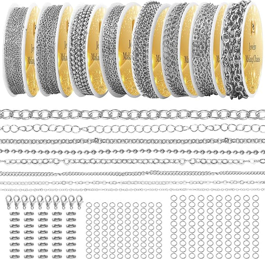 PP OPOUNT Silver Necklace Chains for Jewelry Making, 62.3 Feet 8 Rolls Stainless Steel Chain for Jewelry Making DIY Necklace Bracelet Belt Earrings with Open Jump Rings & Lobster Clasps