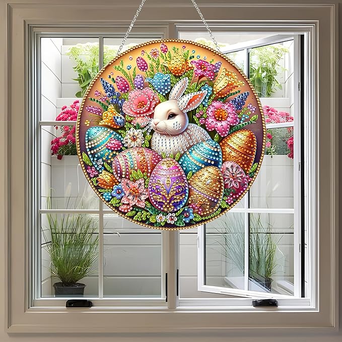 JJFox Rabbit Easter Egg Diamond Art Hanging Kit for Adult,Special Shaped Rhinestone,DIY Acrylic 5D Diamond Art Painting Window Pendants Home Garden Wall Hanging Kits Hanging Ornament,Double Sided