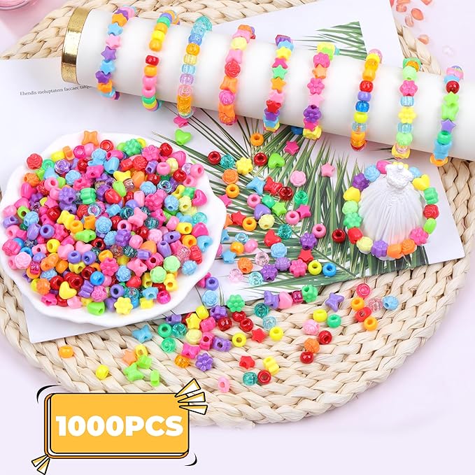 Pony Beads Shapes for Bracelet 1000 Pcs Plastic Star Beads for Friendship Bracelets 6x9mm Round Beads for Hair Braiding Flower Beads for Jewelry Making (Multicolour Pony Beads Shapes)