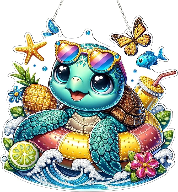 DIY Hanging Diamond Art Kit for Adult – 5D Gem Art Window & Wall Pendant, Acrylic Diamond Painting Ornament for Home & Garden Decoration (Summer sea Turtle)