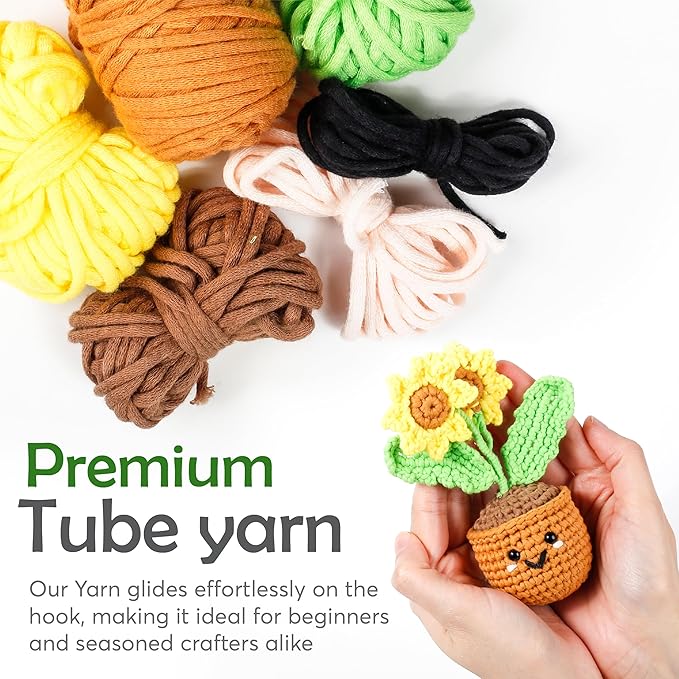 A-URA Learn to Crochet Kit for Beginners Kids and Adults, Premium Pattern Sunflower Beginner Crochet Kits with Easy Tube Yarn & Step-by-Step Video Tutorials