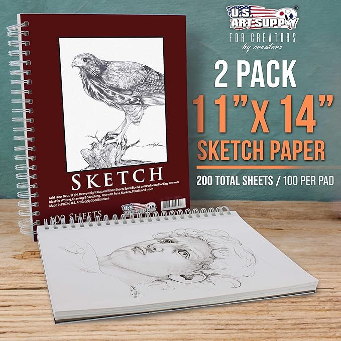 u.s. art supply 11"x14" sketch book pad, 2 pack (100 sheets each), 60lb (100gsm) spiral bound - sketching, drawing pad, acid-free paper - sketch pads for adults, students: colored pencils, charcoal