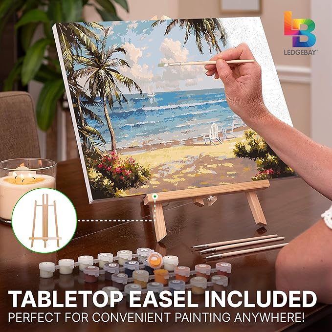 Ledgebay DIY Paint by Numbers Kit for Adults Framed Canvas: Beginner to Advanced Paint by Numbers Kit, Kits Include Acrylic Paint Set Brushes Tabletop Easel (Seaside Paradise 12" x 16" Framed)