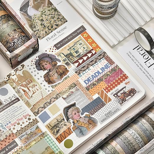 20 Rolls Skinny Vintage Washi Tape Set Retro Arts Adhesive Tapes Basic Patterns Decorative Masking Tape Sets for Craft, Kids, Scrapbook, DIY, Gift Wrapping (Elegance in Time)