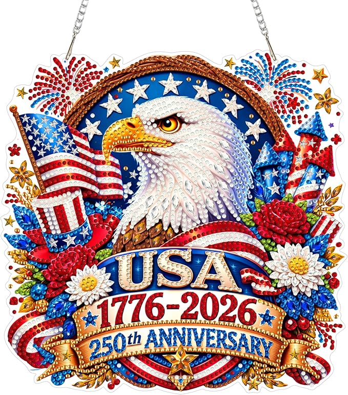 Eiflow USA 250th Anniversary Diamond Art Hanging Kit for Adults, DIY Diamonds Painting Door Hanger Board Kit, Special Crystal Diamond Art Painting Pendant Ornament (4th of July Eagle)