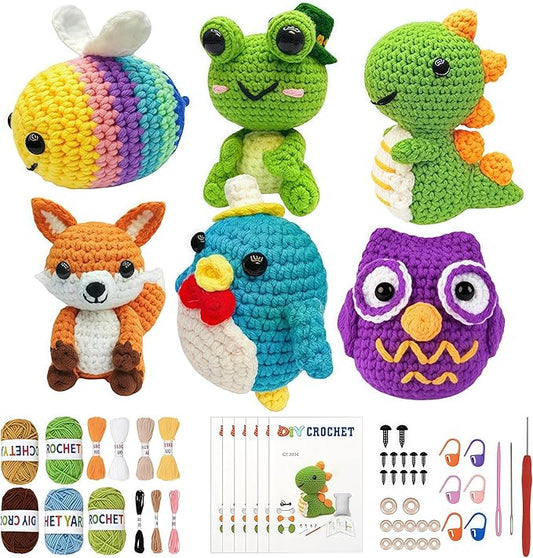JackCao 6 Pack Crochet Kit for Beginners, 2026 DIY Craft for Adults, Crochet Animal Plush Kit with Step-by-Step Video Guides Tutorials Birthday Gift for Beginner Crochet Lovers ﻿ (Green)