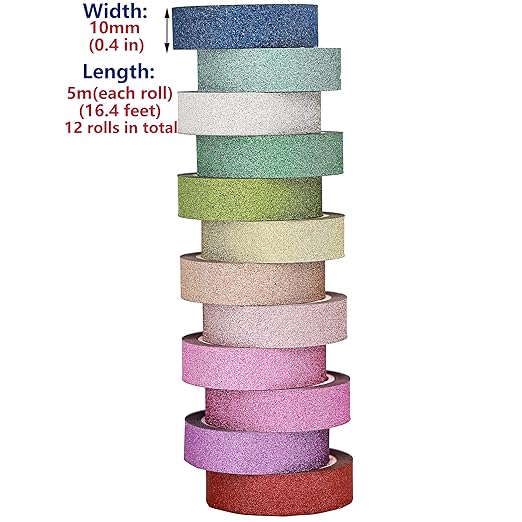 YUKUNTANG Glitter Washi Tape Set, 12 Rolls, 15mm x 66 Yards, Metallic Foil Sparkle Decorative Craft Tape for DIY Art, Scrapbooking, Journaling, Gift Wrapping