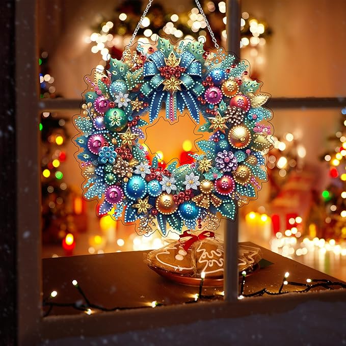 JJFox Diamond Art Hanging Kit for Adult,Special Shaped Rhinestone,Double Sided 5D DIY Acrylic Diamond Art Painting Window Pendants Home Garden Wall Hanging Kits Hanging Ornament (Christmas Wreath)