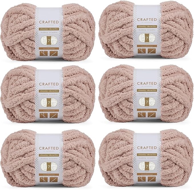 Crafted By Catherine Chunky Chenille Yarn - 6 Pack (8 oz / 227 g, 31.7 Yards Each Skein), Beige, Gauge 7 Jumbo