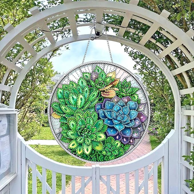 Wergund 5D DIY Succulent Diamond Art Hanging Kits, Hanging Diamond Art Plant, Acrylic Special Shaped Rhinestone, Window Hanging Pendants for Home Wall Garden Front Door Outdoor Decor Gift(Succulent)