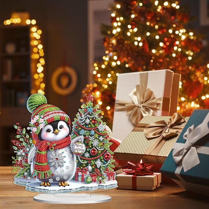 JJFox DIY Tabletop Diamond Art Painting Kit，Special Shaped Rhinestone Desk Placement Ornament，Home Stand Up Gem Painting Craft Kit，Gift,Double Sided. (Penguins and Christmas Trees-1)