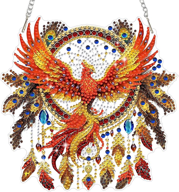 MEIYUDA Dreamcatcher Diamond Art Hanging Kits for Adult, Firebird Diamond Painting Hanging Kits Ornaments, DIY Phoenix Special Shaped Rhinestone Window Pendants kit for Home Garden Wall Decor Gift