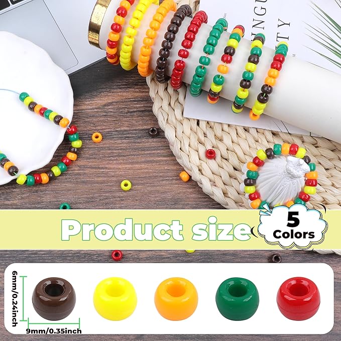 Fall Pony Beads for Friendship Bracelets 1000 Pcs 6x9mm Autumn Thanksgiving Plastic Beads for Party Decoration Supplies or Jewelry Making (Yellow Orange red Brown Dark-Green)