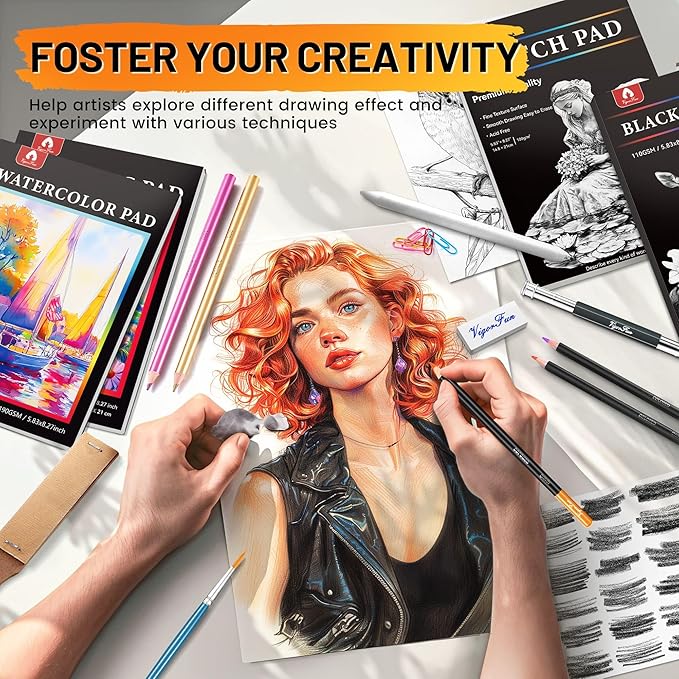 133 PCS Art Supplies Sketching Kit, Pro Drawing Pencils with Sketchbook, Coloring Book, Watercolor Pad, Black Paper Pad, Colored Graphite Charcoal Watercolor & Metallic Pencils for Artists Adults