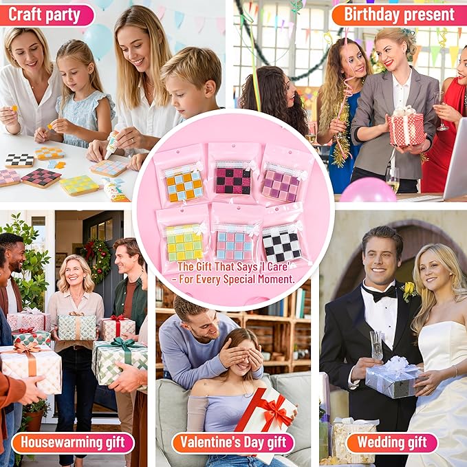 ZAIONE Mosaic Coaster Craft Kit: 6 Sets Easy DIY for Art Beginner Square Checkered Glass Tiles No Grout Needed - Craft Party Home Decor Gift