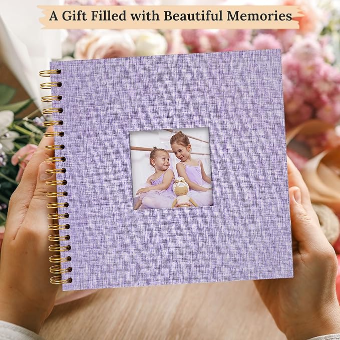 Scrapbook Photo Album Linen Cover, 8 x 8 Inch Hardcover Kraft White Pages Memory Book, for Travel Wedding Guest Book Christmas Baby Shower (20 Sheets/ 40 Pages,Purple)