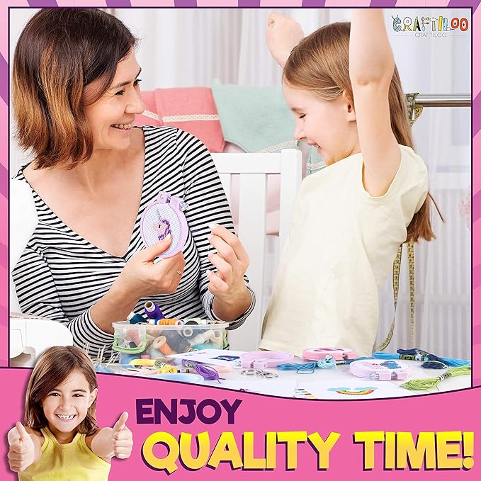 CRAFTILOO Cross Stitch Kit for Kids - 5 Easy Stamped Cross Stitch Kits for Beginners | Embroidery Kit for Girls Ages 7-13 | Needlepoint Craft Set, Backpack Charms & Keychains