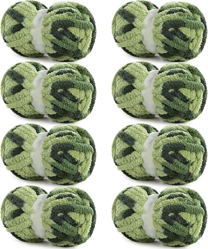 HOMBYS Chunky Tie Dye Mix Chenille Yarn for Hand Knitting, Super Bulky Jumbo Yarn for Crocheting, 3/4" Thick Soft Plush Yarn for Blankets, 8 Skein Pack (26 yds / 7.5 oz Each) Dark Green Sage