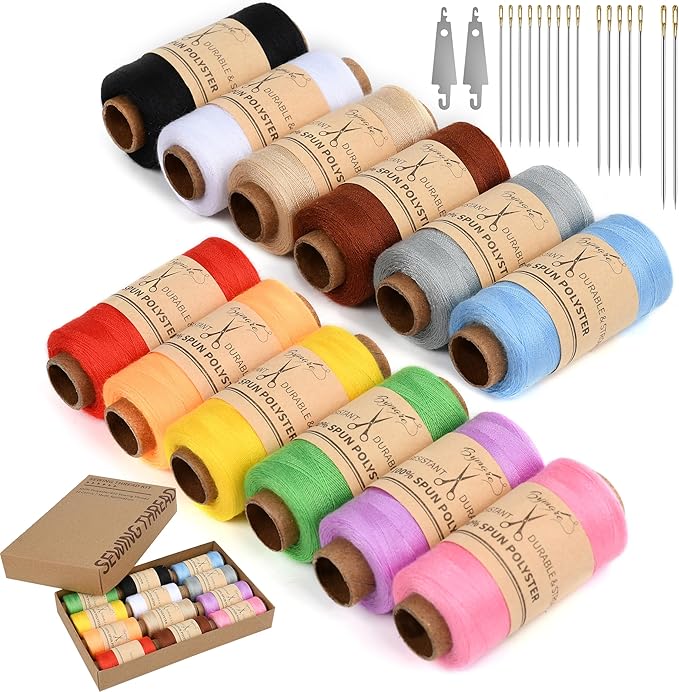 bymore 30 pcs sewing thread kit, 12 colors 400 yards per polyester thread spools with needles and threaders for hand & machine sewing, emergency and travel, diy and home