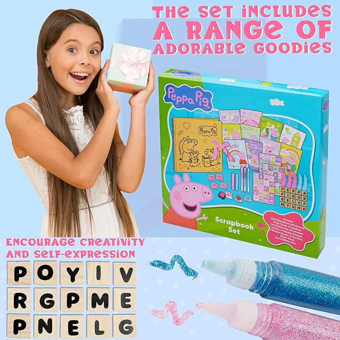 Peppa Pig Scrapbook Set for Kids, Arts and Crafts Activity Set with Stamps Glitter Pens, Scrapbook Supplies Sticker Book Craft Kit, Gifts for Girls