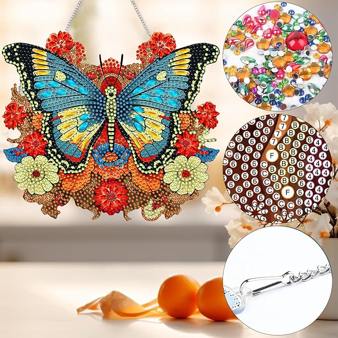 Bimkole Butterfly Diamond Art Hanging Kit for Adult, DIY 5D Diamond Art Flower Window Pendant, Acrylic Crystal Art Hanging Ornament Home Wall Garden Front Door Sign Outdoor Decor 7.8x7.8 Inch