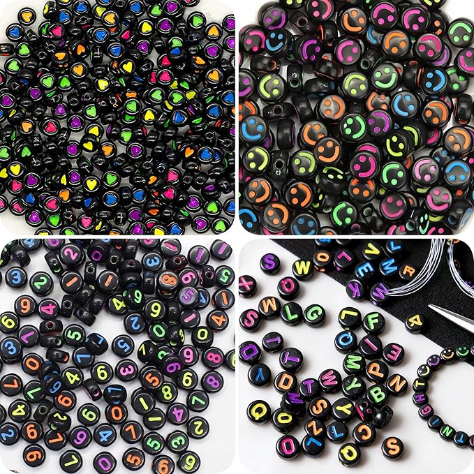 nikkiGuo 1250 PCS Letter Beads Kit with Elastic Cord – Alphabet A–Z, Numbers, Heart, Moon, Star, Smiley Beads for Friendship Bracelets & DIY Jewelry (Black Beats & Colorful Letters)