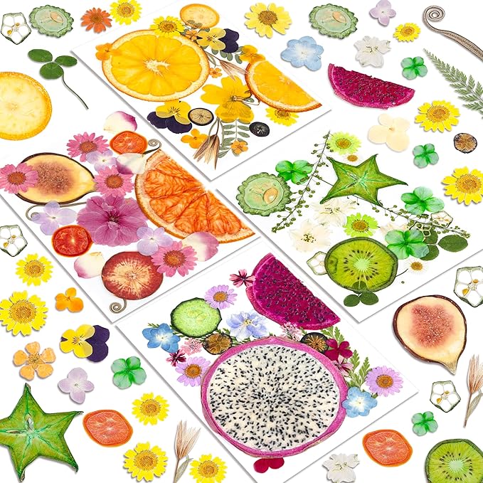 Resiners Dried Pressed Flowers for Resin Molds, Real Natural Dried Flowers Dry Leaves kit for Scrapbook Supplies Card Making Resin Jewelry Making Soap Candle DIY Crafts (Bright Fruit 80pcs)