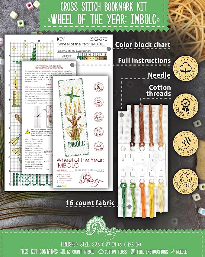 Povitrulya Cross Stitch Bookmark Kit “Imbolc“ – Counted DIY Embroidery Set for Adults & Beginners, Saint Brigid Pagan Irish Gaelic Druid Witchy Spring Craft Gift