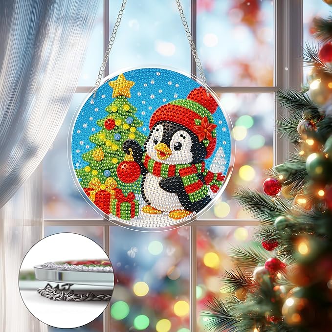 Eiflow Glass Diamond Art Hanging Kit for Adults Full Drill, DIY Christmas Diamonds Painting Window Hanging Board Kit, Stained Glass Crystal Diamond Art Painting Pendant Ornament
