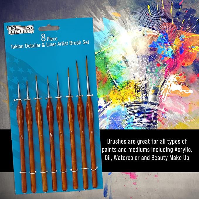U.S. Art Supply 8 Piece Taklon Detail and Liner Artist Brush Set with Wood Comfort Grip Handles - Art, Detailing, Acrylic, Oil, Watercolor