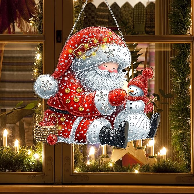 JJFox Diamond Art Hanging Kit for Adult,Special Shaped Rhinestone,DIY Acrylic 5D Diamond Art Painting Window Pendants Home Garden Wall Hanging Kits Hanging Ornament,Double Sided. (Father Christmas)
