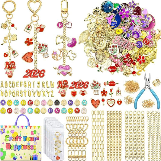 VvLons Lip Gloss Keychain Making Kit, 375Pcs Bag Charm Kit DIY Craft Supplies with Key Chain Hooks, Jump Rings, Lobster Clasps, Chains & Tools, Custom Jewelry Making Kit for Mothers Day Gifts