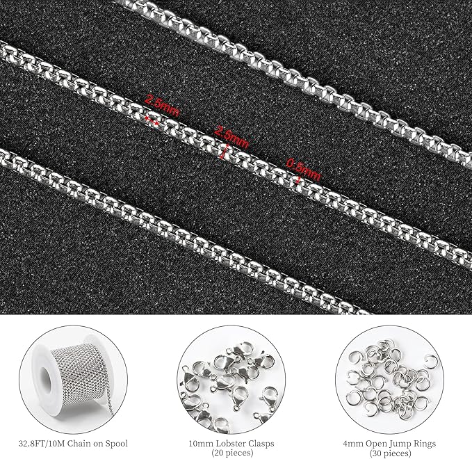 KYUNHOO 10M Stainless Steel Chain Bulk Silver Rolo Chains for Jewelry Making 2.5mm Square Beaded Chain Roll with Jump Rings and Lobster Clasps Men and Women Necklace DIY Jewelry Supplies