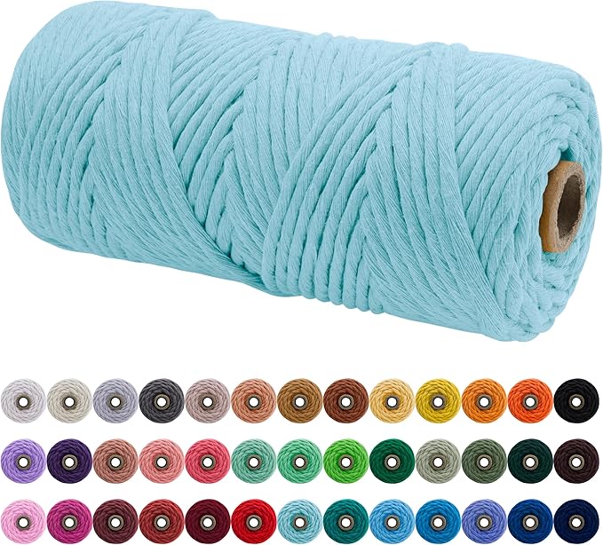 JeogYong Single Strand Macrame Cord 4mm x 109 Yards (328 Feet) Soft Cotton Rope Macrame Yarn 4 mm Macrame Cord, Macrame Supplies for Crafts Wall Hangings Plant Hangers Decorations (Light Blue)