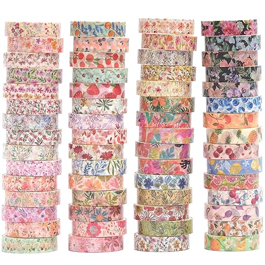 yubx flowers washi tape set 60 rolls floral patterns decorative skinny blooms masking tapes for arts, diy crafts, journals, planners, scrapbook, wrapping (summer)