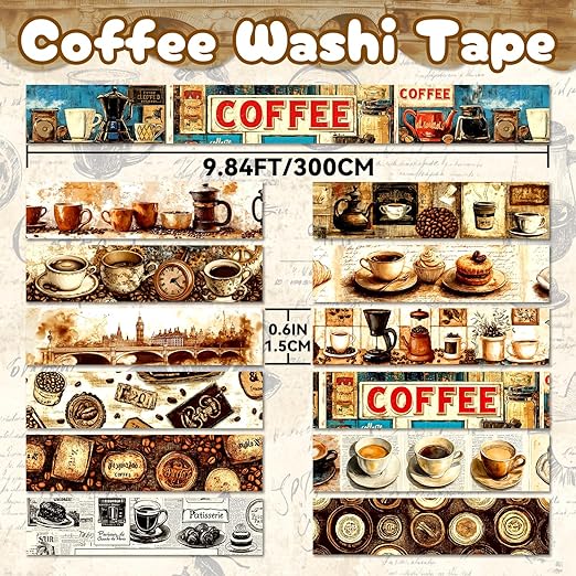 12 Rolls Washi Tape Set,Vintage Coffee Themed Decorative Tape Retro Brown Watercolor Cafe Masking Tape for Journaling Supplies,Junk Journal, Scrapbooking,Planner,DIY Arts & Crafts Supplies