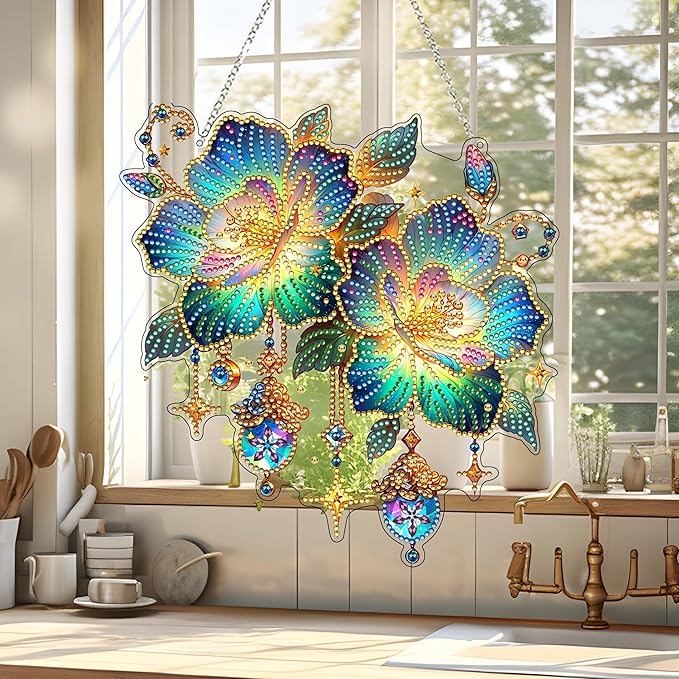 JJFox Diamond Art Hanging Kit for Adult,Special Shaped Rhinestone,DIY Acrylic 5D Diamond Art Painting Window Pendants Home Garden Wall Hanging Kits Hanging Ornament (Flower)
