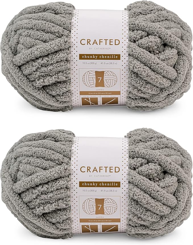 Crafted By Catherine Chunky Chenille Yarn - 2 Pack (41 Yards Each Skein), Grey, Gauge 7 Jumbo