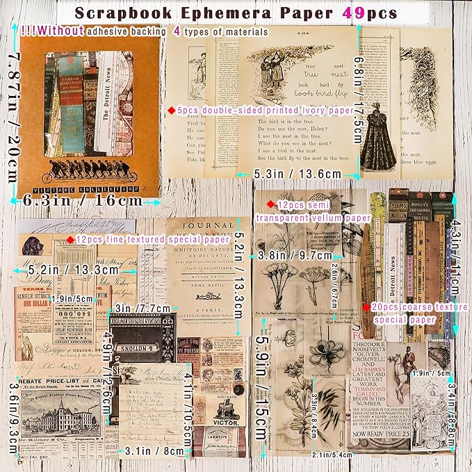 CATaireen Vintage Junk-Journal Mixed Paper Scrapbooking Embellishments Set Retro Journaling Decoupage Stickers Textured Packaging Decorative Cards Tags Kit (Poster A)