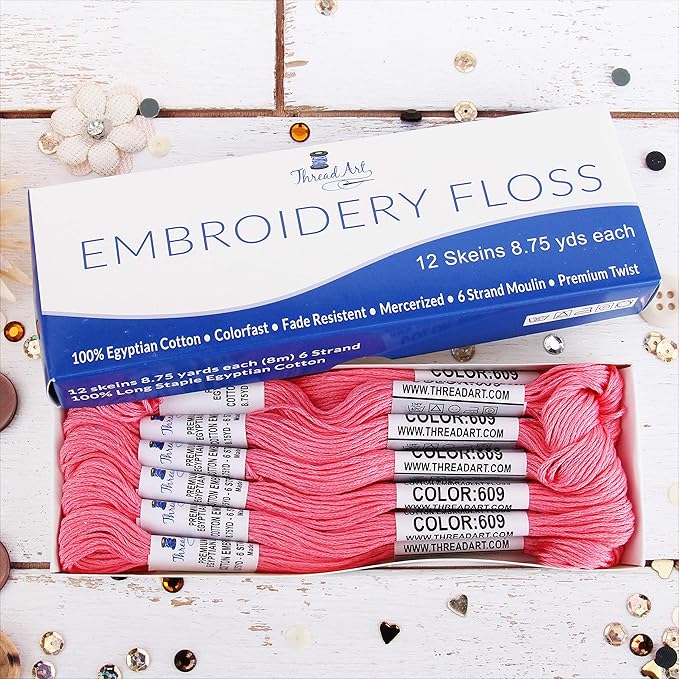 12 Skeins ThreadArt Premium Egyptian Long Fiber Cotton Embroidery Floss | Bright Pink | 6 Strand Divisible Thread 8.75yds Each for Hand Embroidery, Friendship Bracelets, Cross Stitch and Crafts