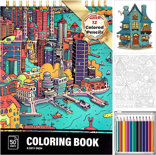 Architecture Coloring Book for Adults 41 Unique Single Sided Patterns and 9 Blank Pages with 12 Colored Pencils Set 130GSM Thick Paper Stress Relief & Mindfulness Gift for Women Men, 8.5 X 11in