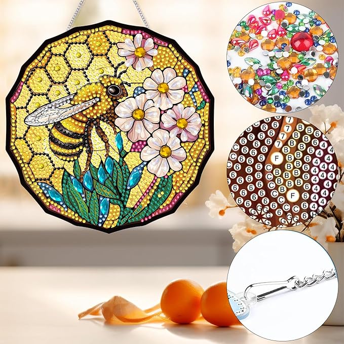 Bimkole Bee Diamond Art Hanging Kit for Adult, DIY 5D Diamond Art Flower Window Pendant, Acrylic Crystal Art Hanging Ornament Home Wall Garden Front Door Sign Outdoor Decor 7.8x7.8 Inch