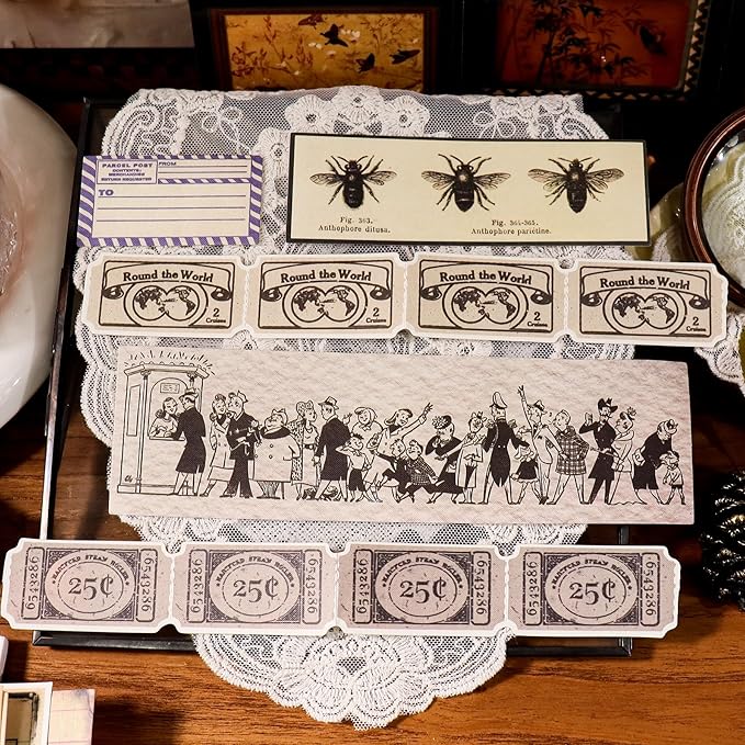 CATaireen Vintage Junk-Journal Mixed Paper Scrapbooking Embellishments Set Retro Journaling Decoupage Stickers Textured Packaging Decorative Cards Tags Kit (Library 1)