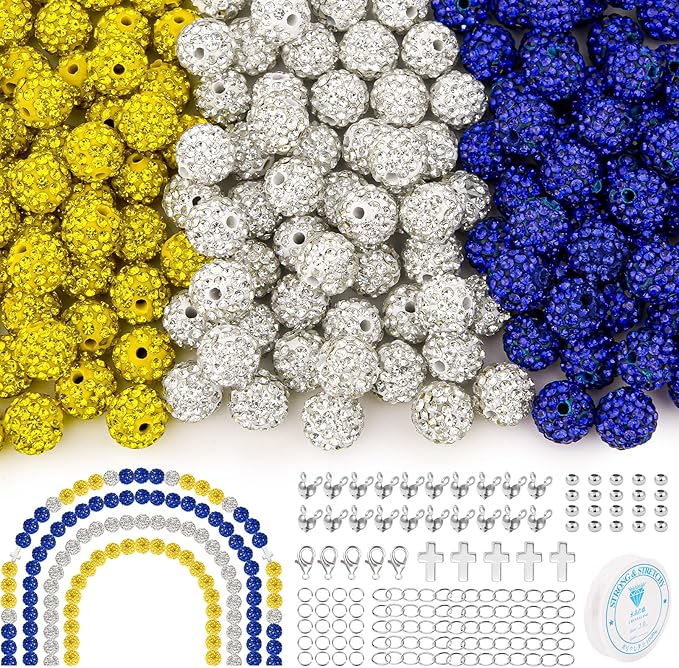 256Pcs 10mm Rhinestone Beads Kit 3 Colors, Round Sparkle Disco Ball Rhinestone Beads Set with Cross Charms and Accessories for DIY Baseball Necklaces Bracelets Earrings Jewelry Making